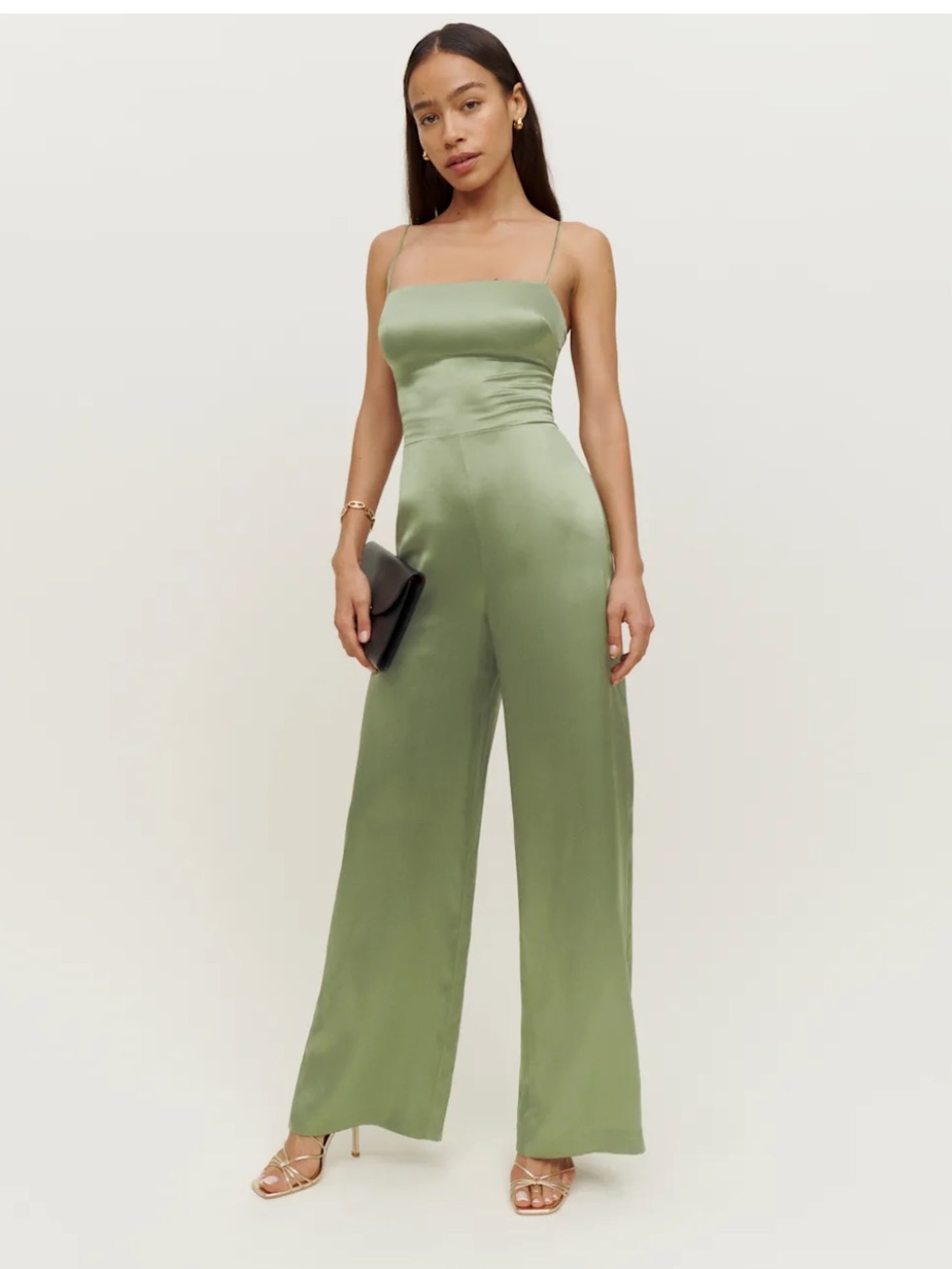 Reformation Silk Wide Leg Jumpsuit Olive Sage Slip Minimalist Size 4